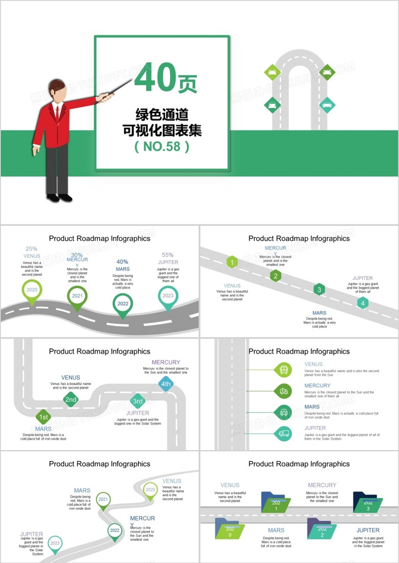 40页绿色通道可视化图表集PPT模板