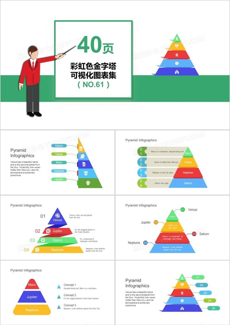 40页彩虹色金字塔可视化图表集PPT模板