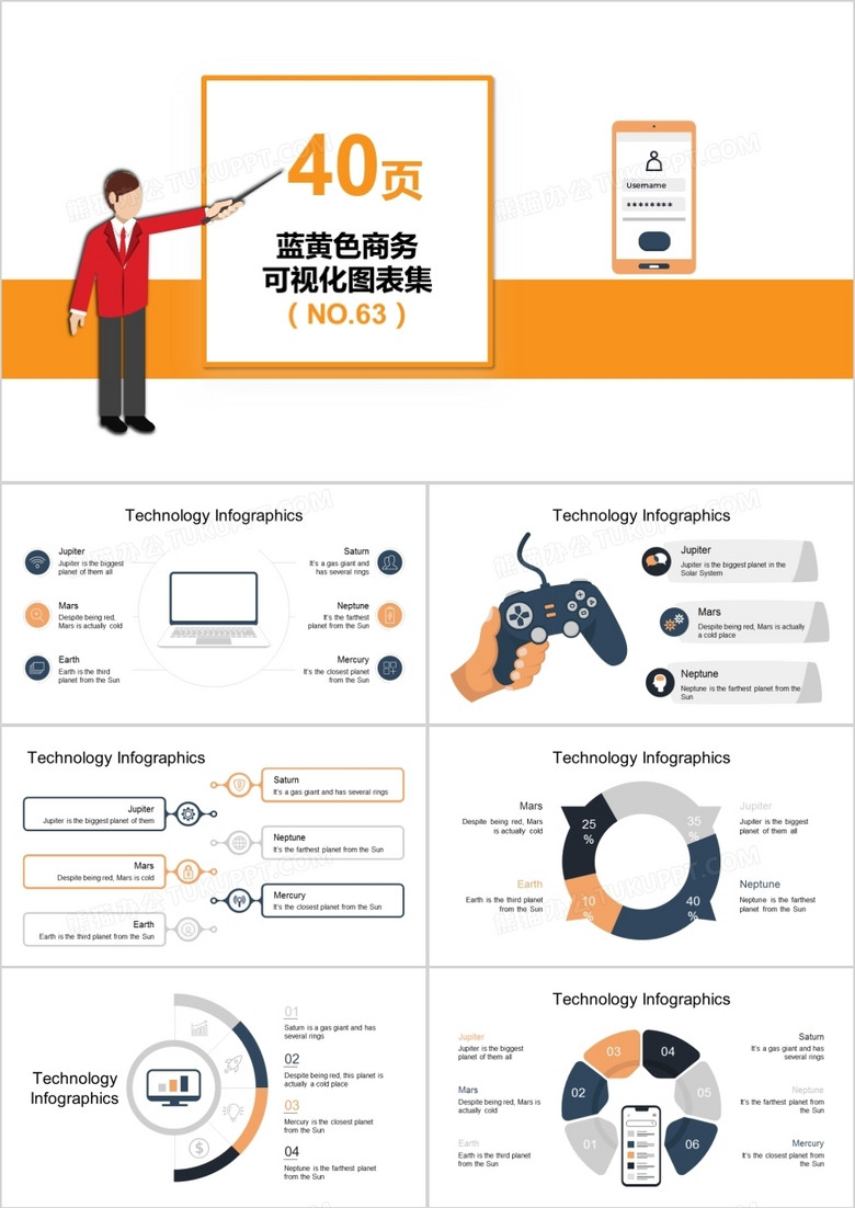 40页蓝黄色商务可视化图表集PPT模板