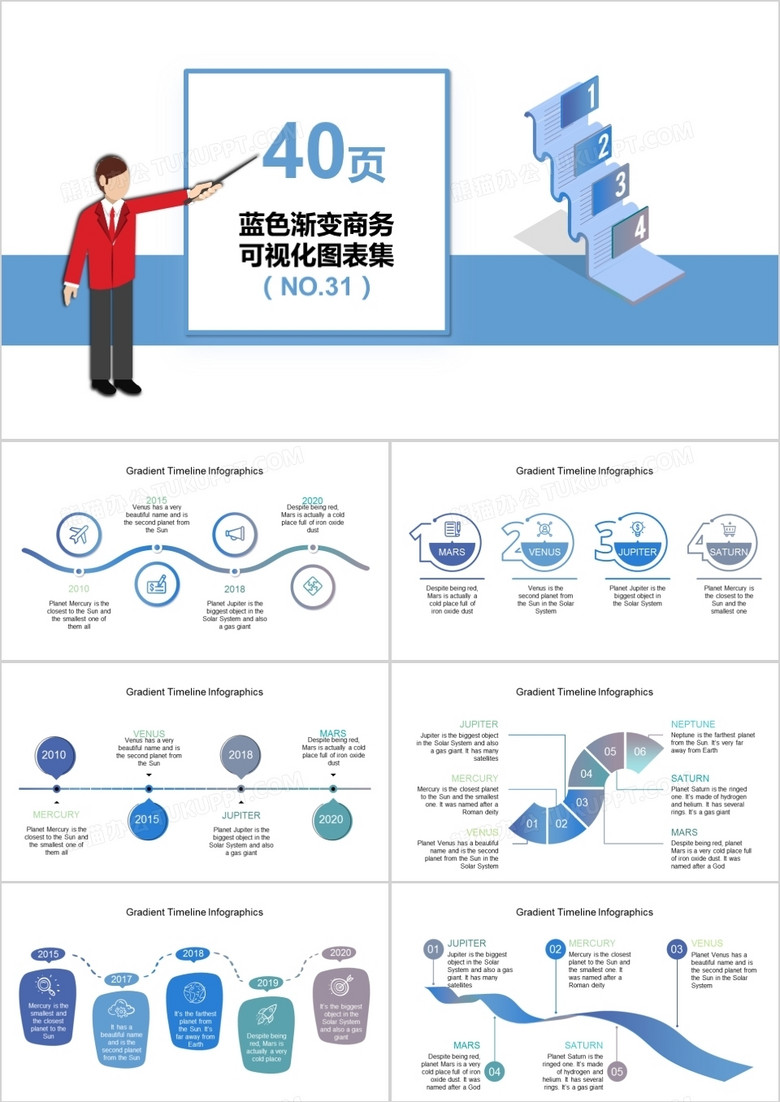 40页蓝色渐变商务可视化图表集PPT模板