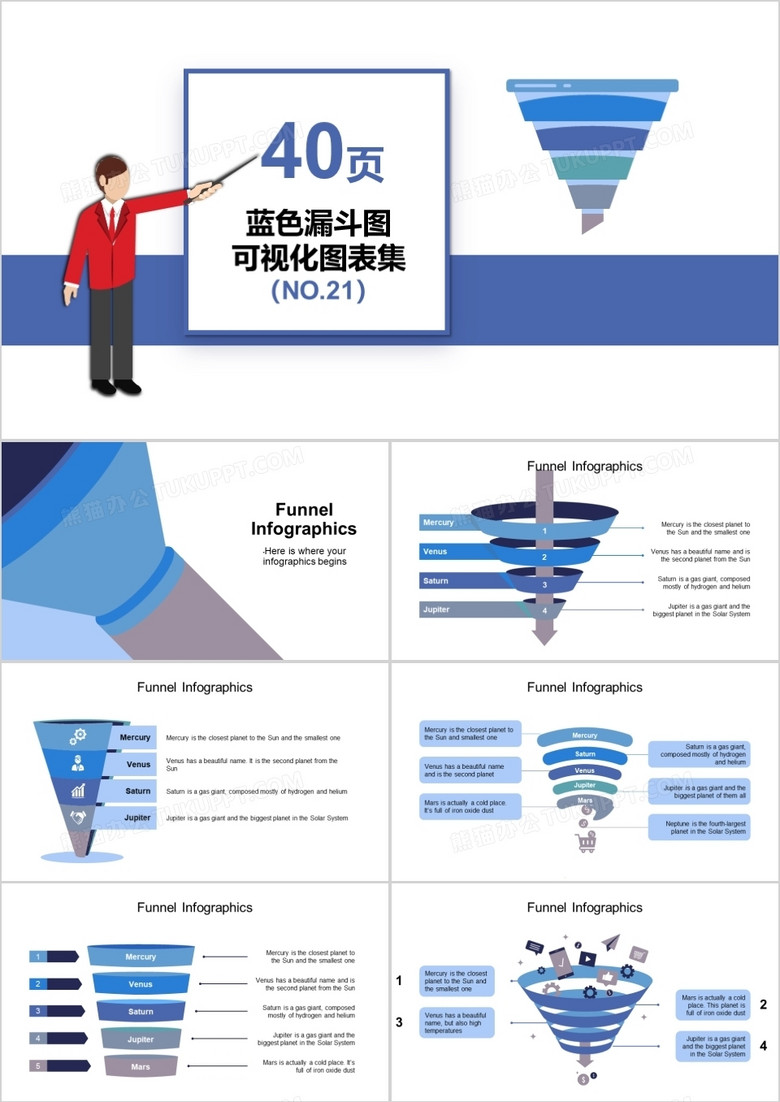 40页蓝色漏斗图可视化图表集PPT模板