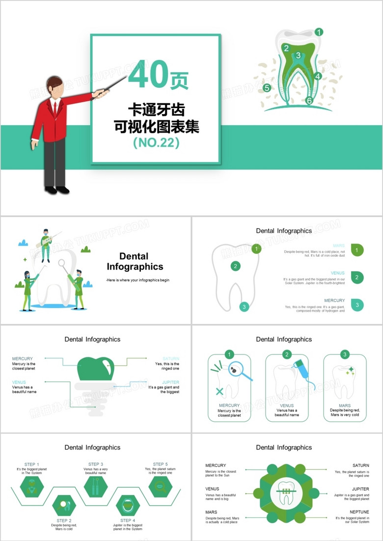 40页卡通牙齿可视化图表集PPT模板