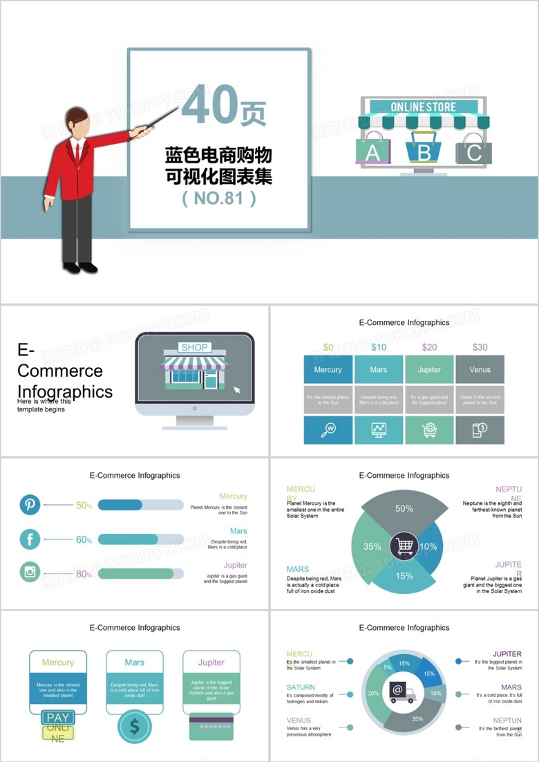 40页蓝色电商购物可视化图表集PPT模板