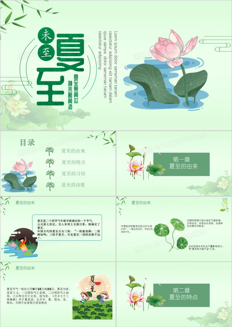 绿色小清新夏至传统节日介绍主题班会PPT模板