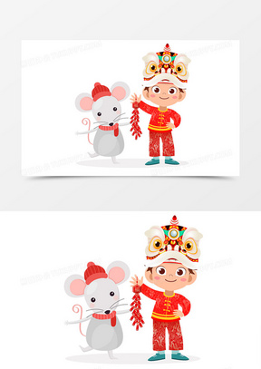 鼠年手绘可爱老鼠和小男孩放鞭炮插图