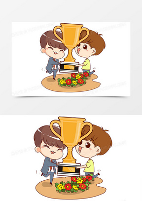 学生比赛获奖得到奖杯庆祝卡通插画