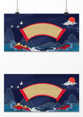 蓝色国潮风山水白鹤背景