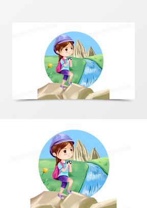 手绘户外女孩登山夏季素材
