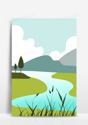 绿色夏日小河风景扁平插画手绘背景