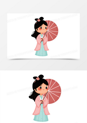 手绘撑伞的中国风女孩素材10411古风水彩人物  拿折扇的少女487手绘
