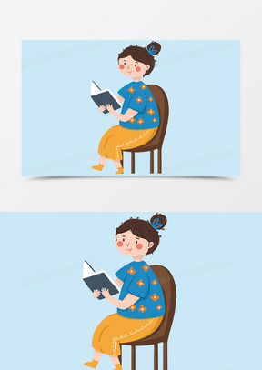 画小女孩在凳子上看书图片