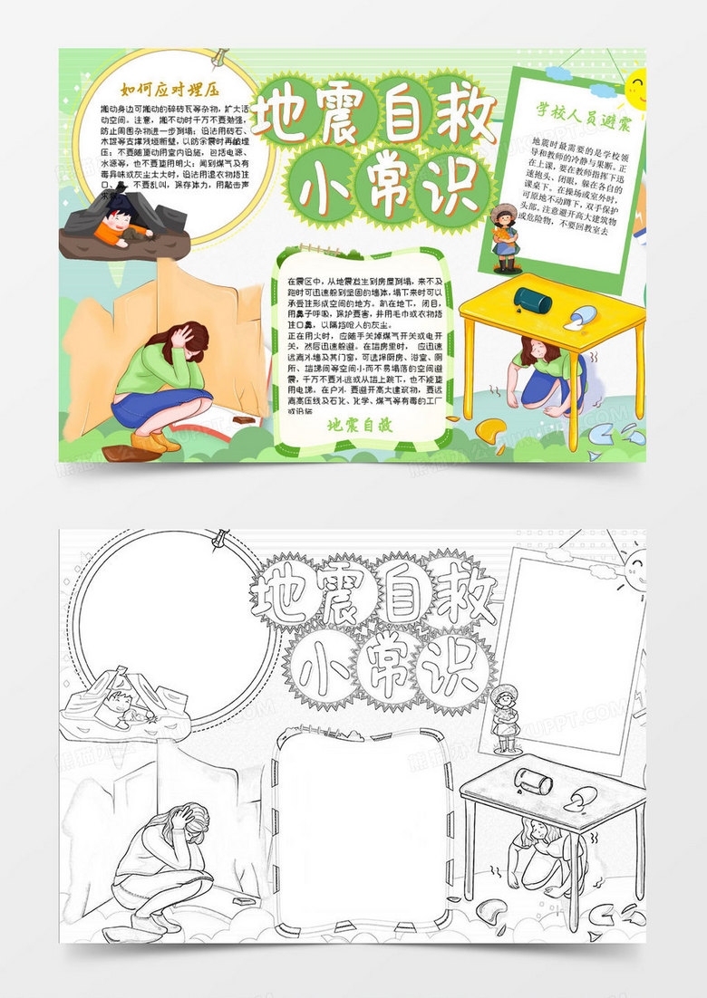 绿色卡通地震逃生知识Word小报