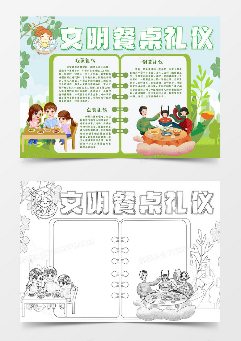 绿色卡通文明餐桌礼仪知识小报Word模板