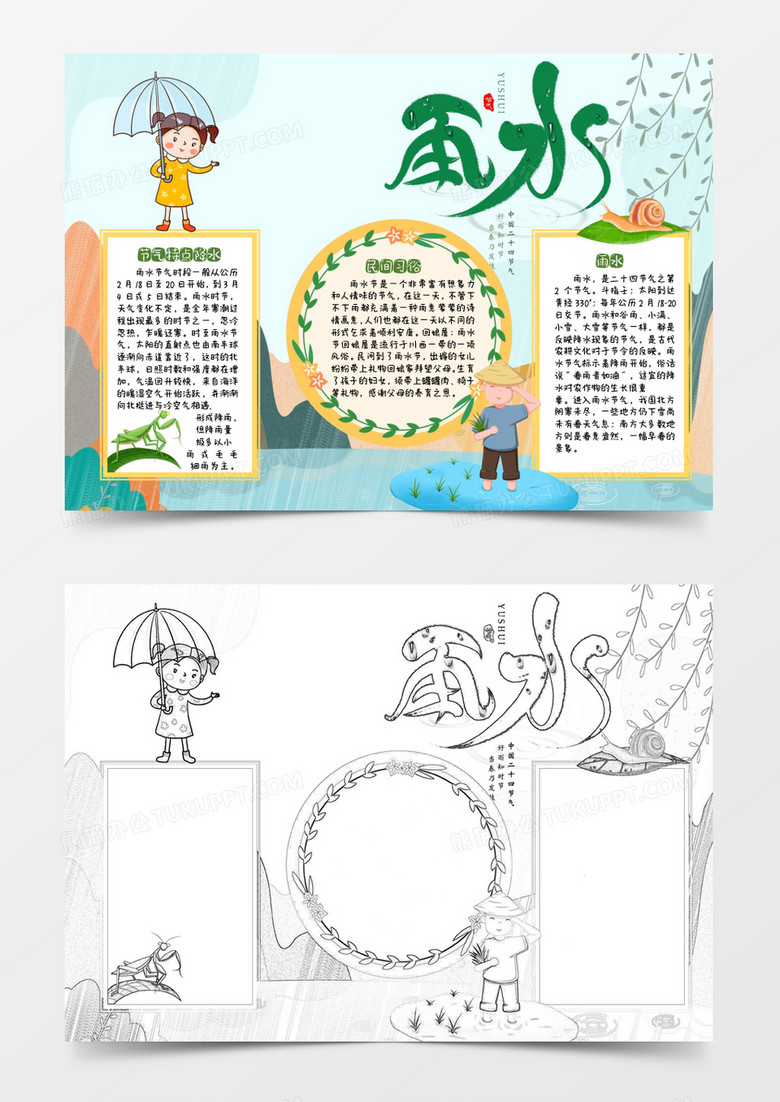 黄色绿色卡通雨水小报Word模板
