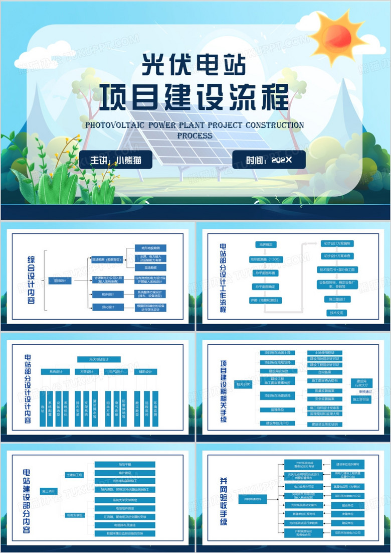 蓝色清新风光伏项目建设流程PPT模板