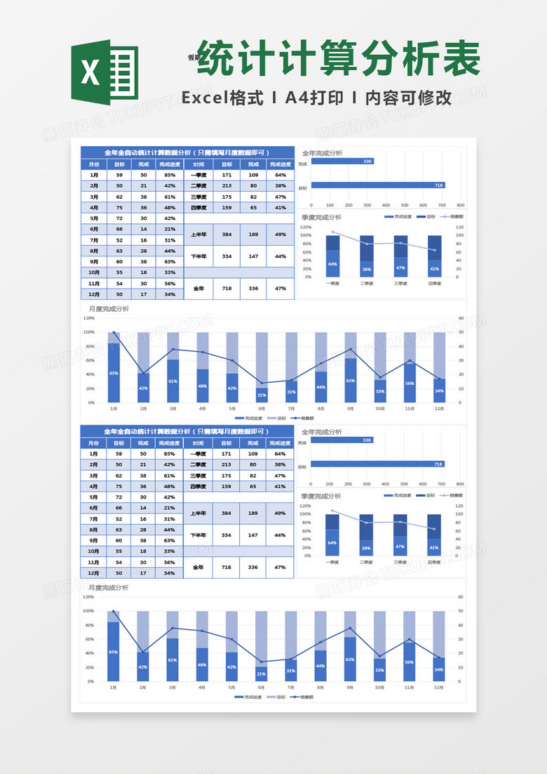 蓝色全年全自动统计计算数据分析表excel模板