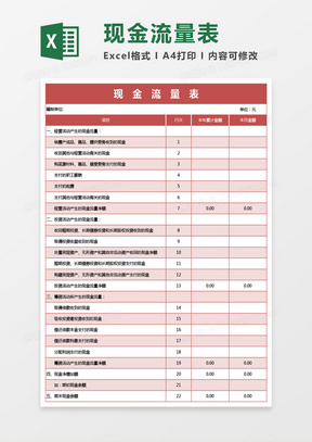 红色现金流量表excel模板