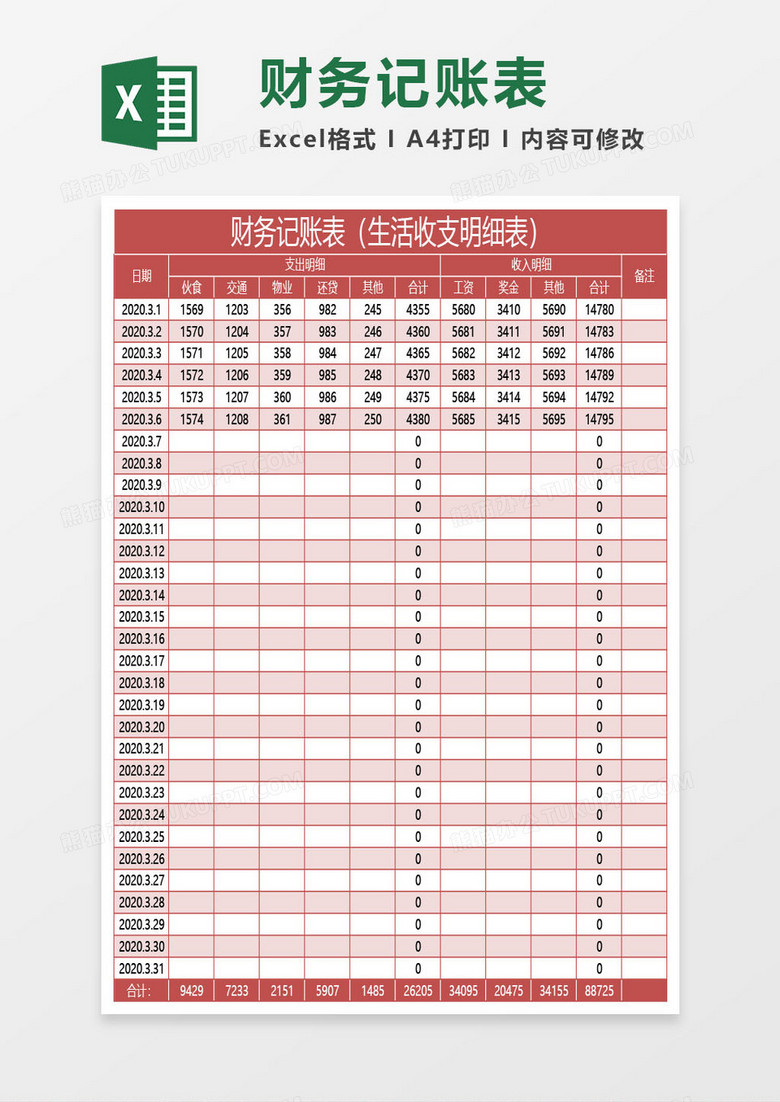 红色财务记账表（生活收支明细表）excel模板