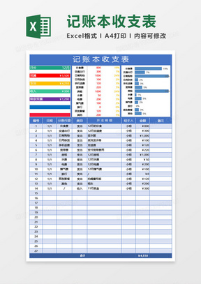 收支管理明細表excel模板341藍色月度收支統計分析表excel模板312藍色