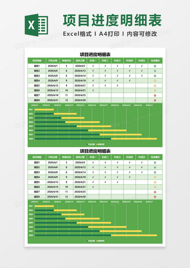 绿色项目进度明细表excel模板