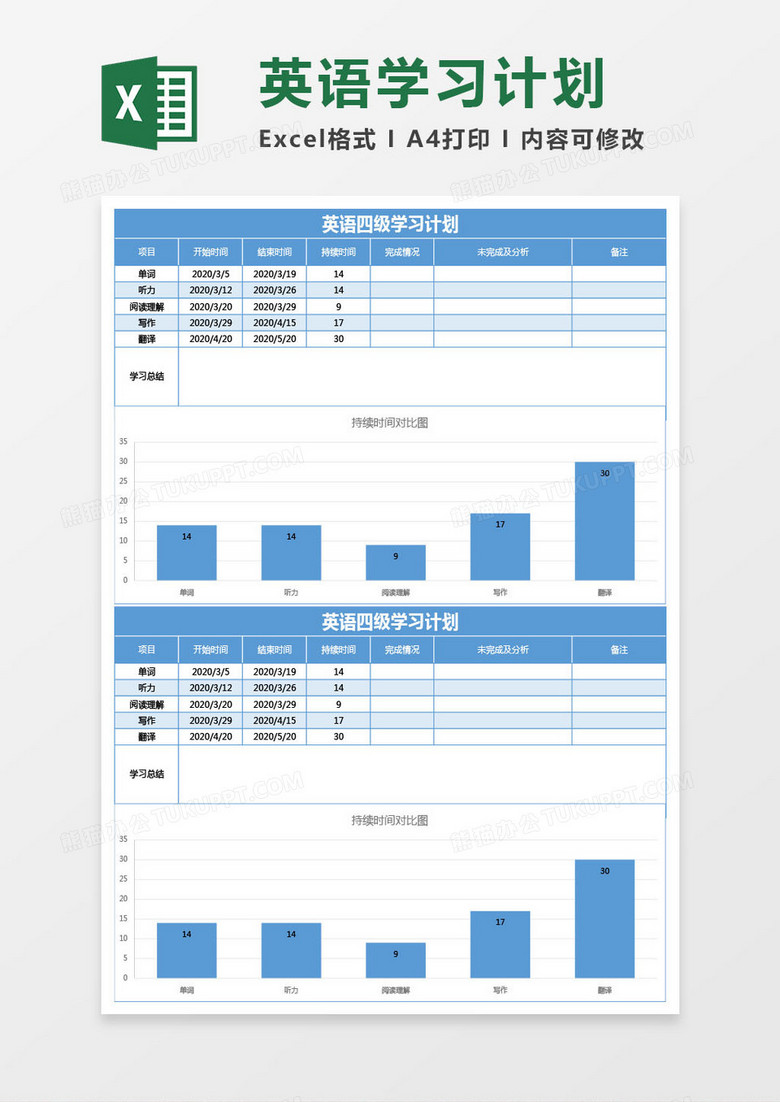 蓝色英语四级学习计划excel模板下载 计划 熊猫办公