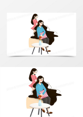 感恩节帮妈妈梳头卡通手绘元素