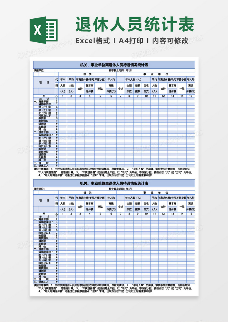 机关事业单位离退休人员待遇情况统计表Excel模板