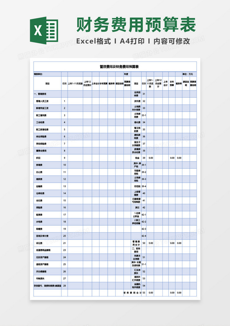 管理费用及财务费用预算表Excel模板
