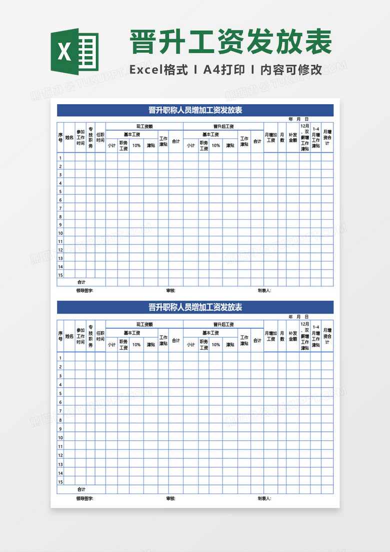晋升职称人员增加工资发放表Excel模板