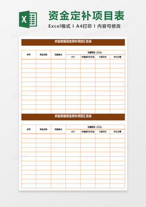农业发展资金定补项目汇总表Excel模板