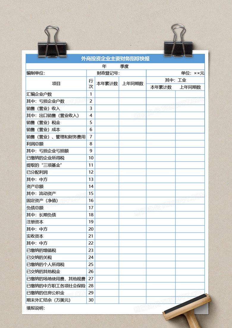 外商投资企业主要财务指标快报excel模板