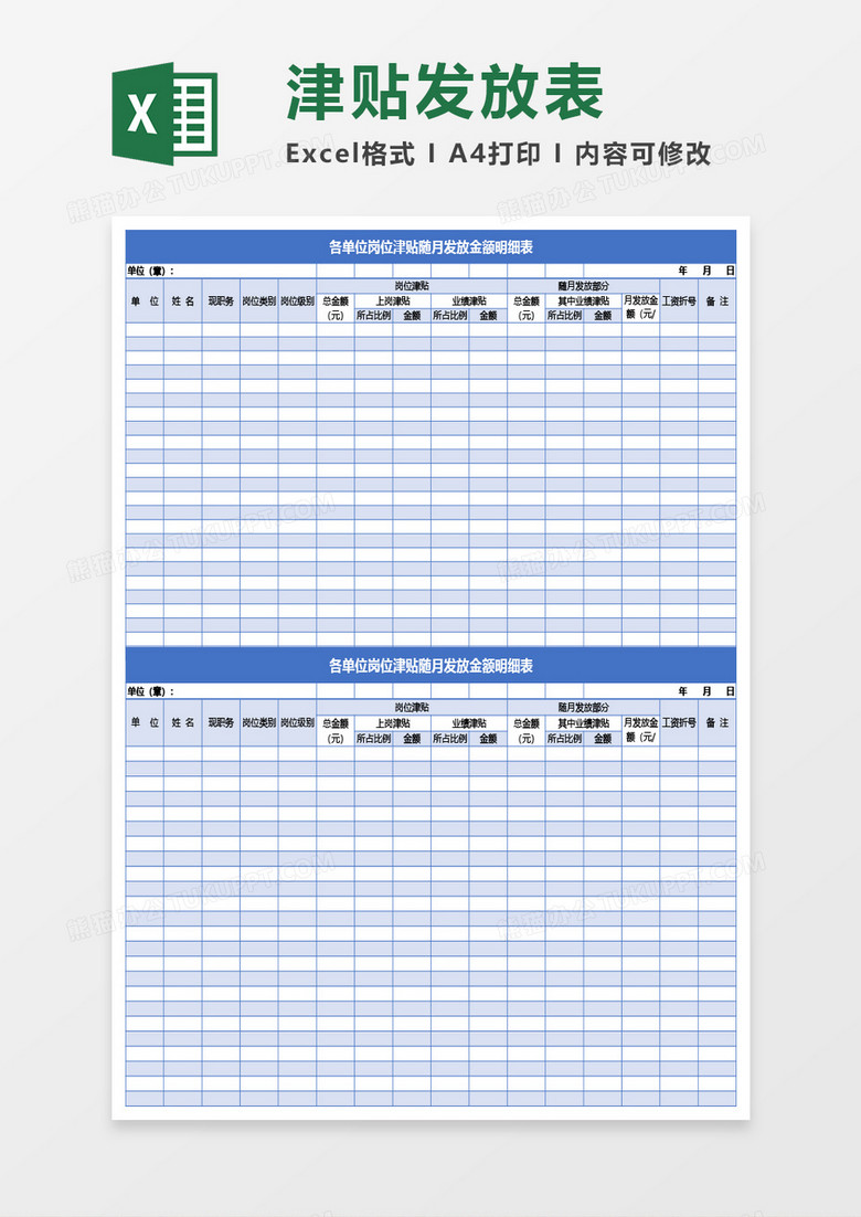 各单位岗位津贴随月发放金额明细表Excel模板