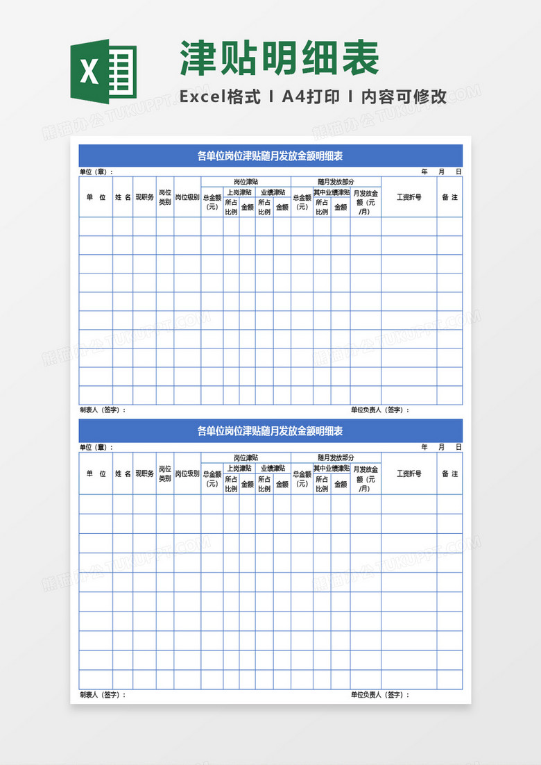 各单位岗位津贴随月发放金额明细表Excel模板