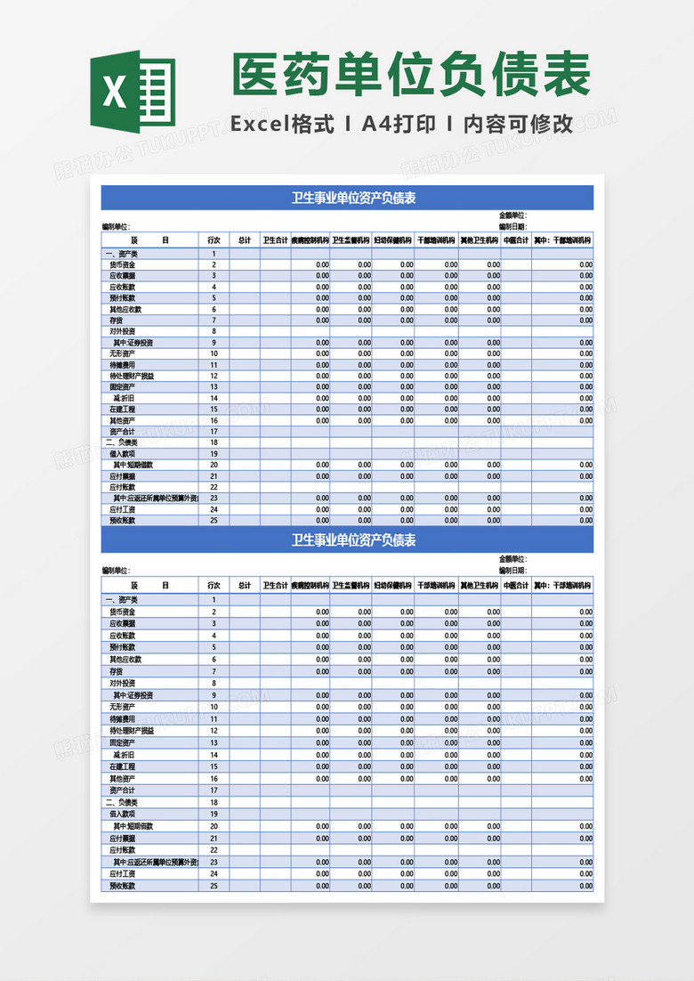 卫生事业单位资产负债表Excel模板