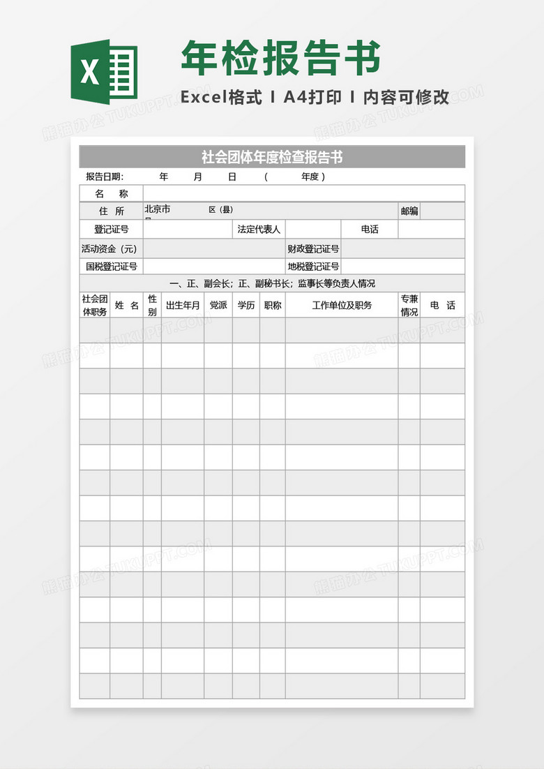 社会团体年度检查报告书Excel模板