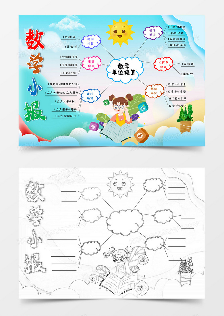 蓝色小清新卡通数学单位换算数学小报Word模板