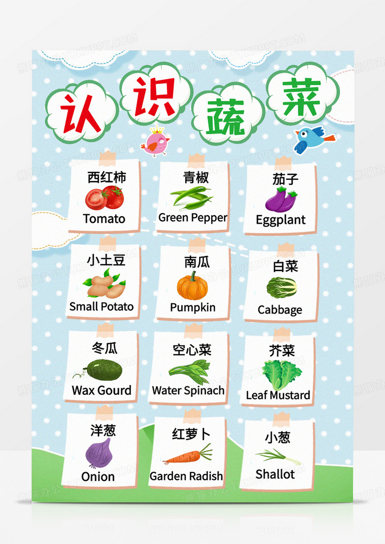 蓝绿手绘卡通认识蔬菜早教学习挂图小报手抄报word模板