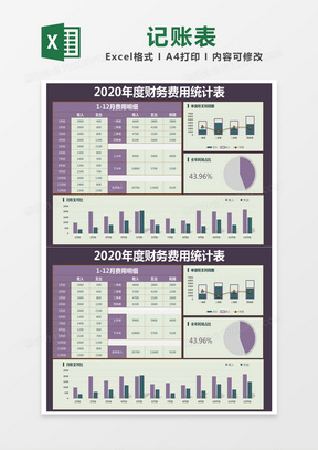 紫色简约2020年度财务费用统计表excel模版