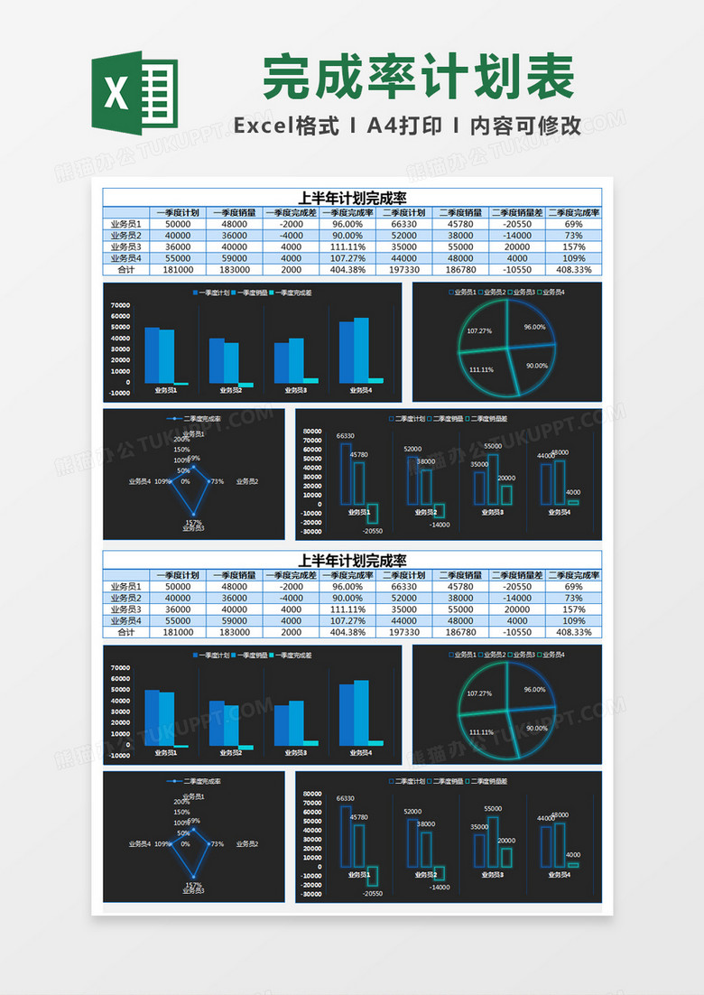 蓝色简约上半年计划完成率计划表excel模版