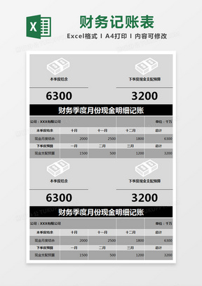 黑色簡約財務季度月份現金明細記賬表excel模版
