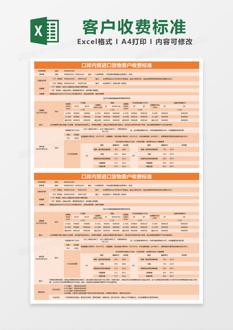 橙色简约口岸内贸进口货物客户收费标准登记表excel模版