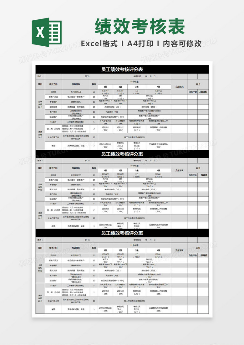黑色简约员工绩效考核评分表excel模版