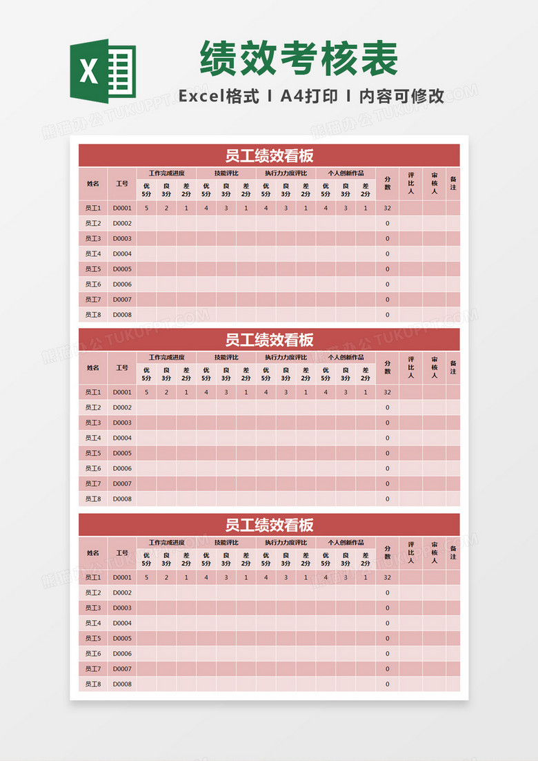 红色简约员工绩效看板考核表excel模版