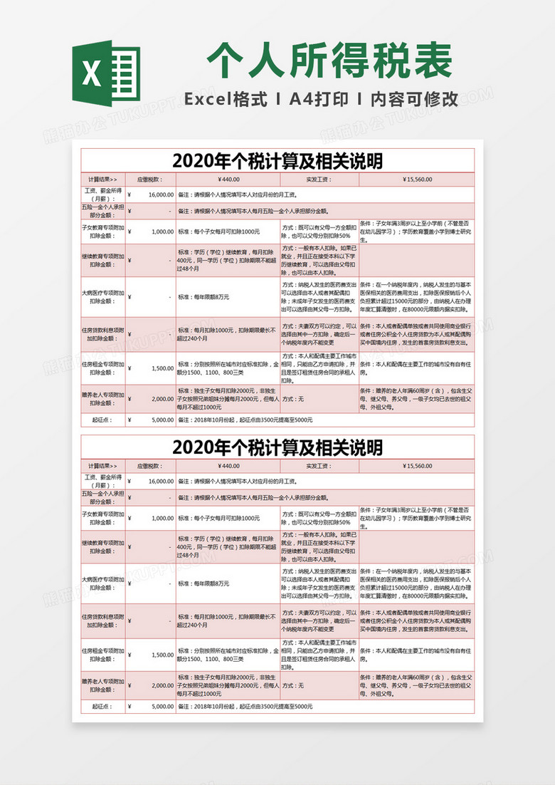 粉色简约2020年个税计算及相关说明excel模版