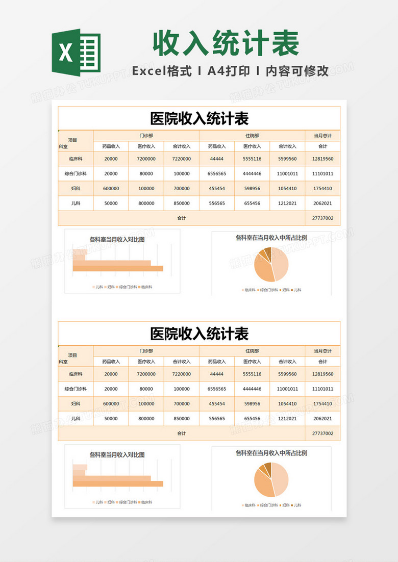 橙色简约医院收入统计表excel模版