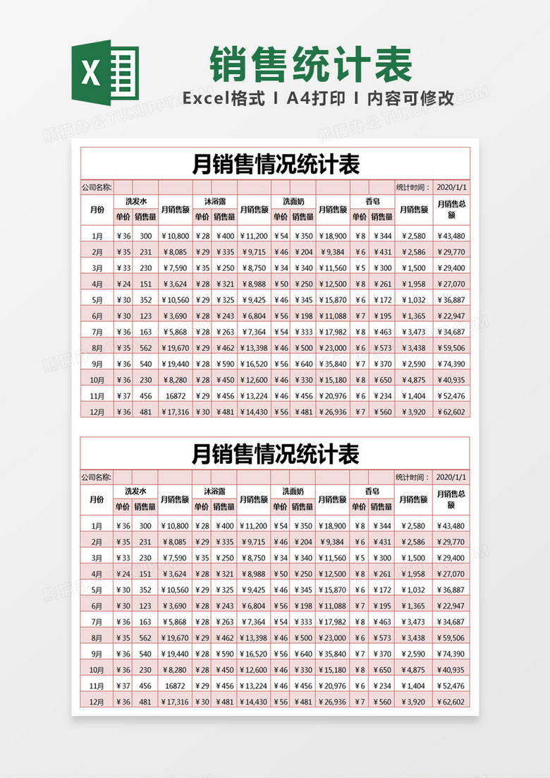 红色简约月销售情况统计表excel模版 