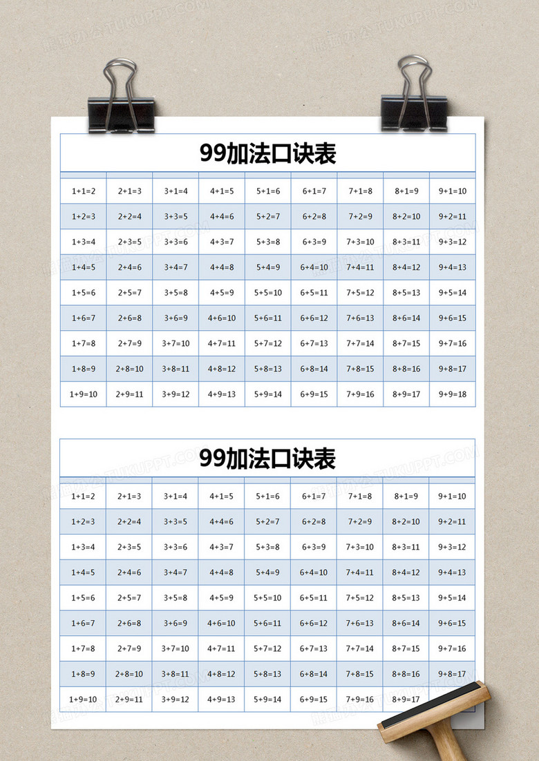 蓝色简约99加法口诀表excel模版no.