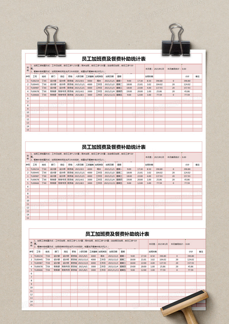 红色简约员工加班费及餐费补助统计表模版excel模板下载_熊猫办公