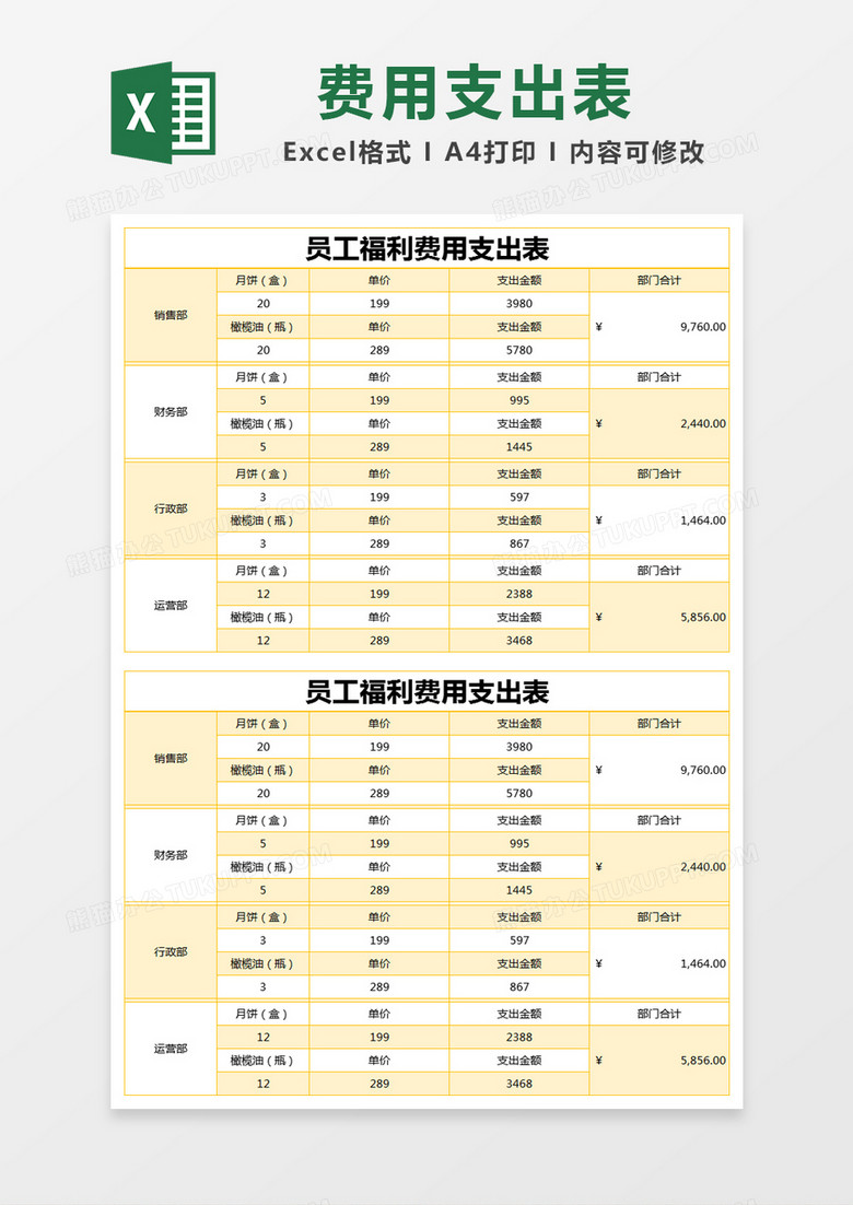 橙色简约员工福利费用支出表excel模版