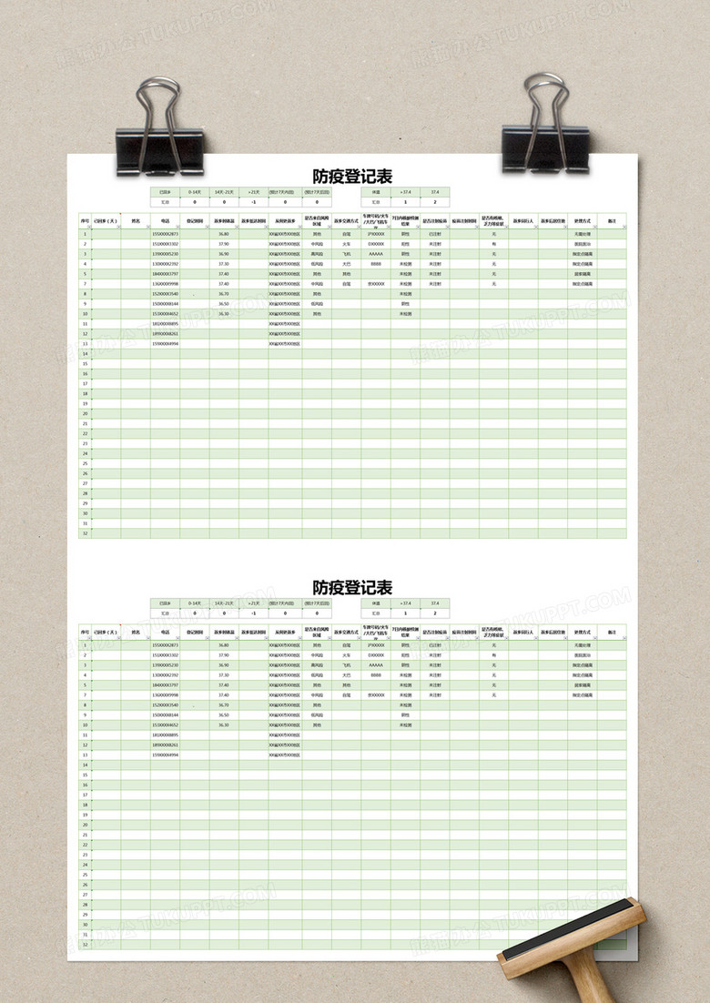 绿色简约防疫登记表excel模版no.2